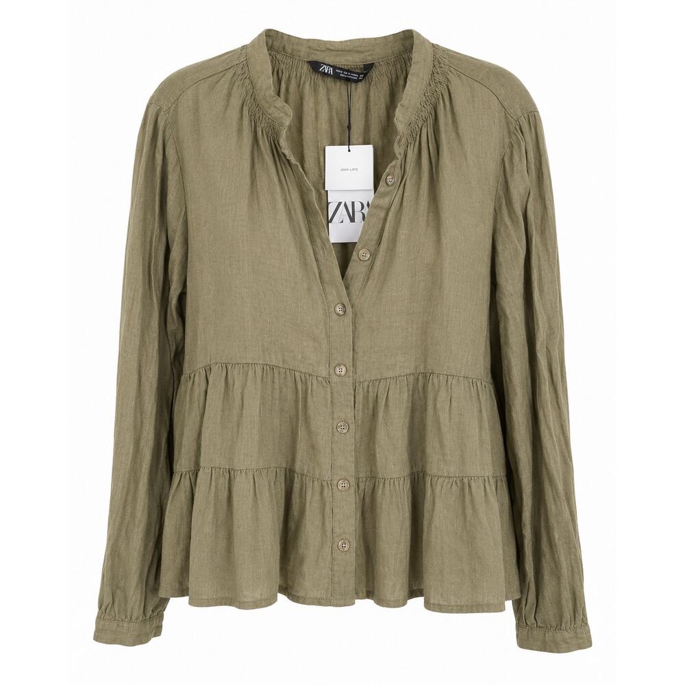 NWT Zara Womens Extra Large 100% Linen Olive Peplum Blouse Coastal Boho